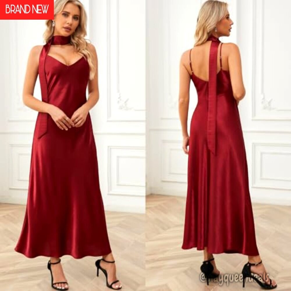 Satin Maxi Dress with Detachable Scarf, V-Neck, Formal Wear - Picture 5 of 7